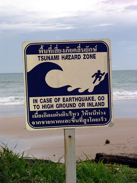 Un panneau d'avertissement sur le risque de tsunami