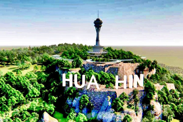La représentation de la Hua Hin Sky Walk Tower et de sa passerelle surélevée en verre prévue sur la colline de Hin Lek Fai