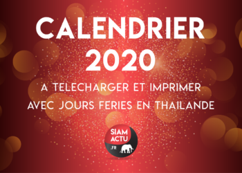 Calendrier 2020 avec jours fériés en Thaïlande, à télécharger et imprimer